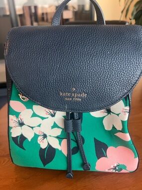 kate spade Green Floral Mini Backpack with Navy Pebbled Flap